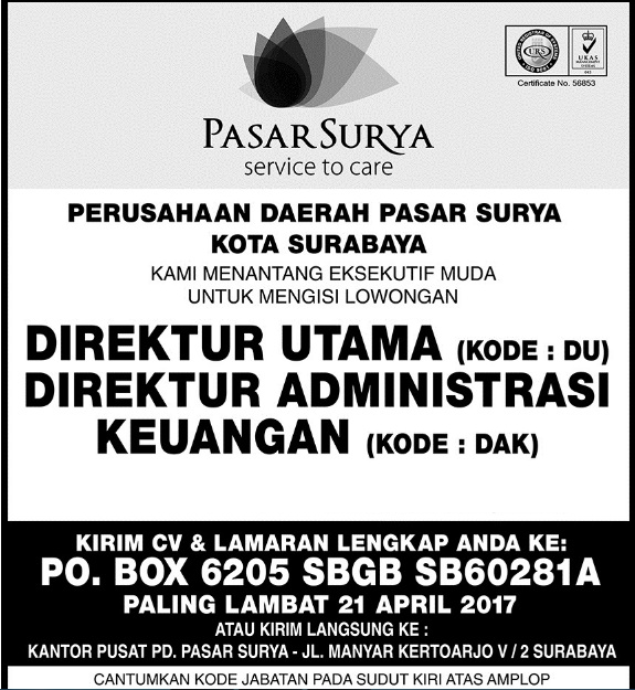 Lowongan Kerja Perusahaan Daerah Pasar Surya Kota Surabaya 