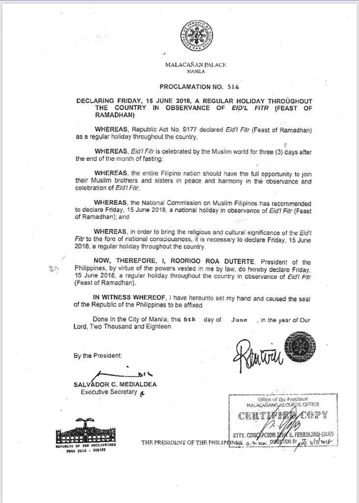 Duterte declares June 15, 2018 a regular holiday for Eid'l 