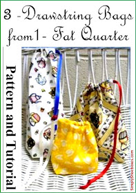 Three small drawstring bags from one fat quarter.  Designed for Operation Christmas Child shoeboxes.