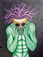 Paint Yonni-Gagarine : Acrylic 60x80 monster tentacles skull green man breaking wall