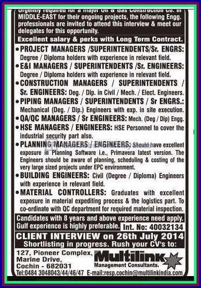 Midle east job Vacancies for OIl & Gas COnstruction