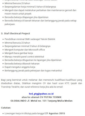 Lowongan kerja resmi CV Putra Teknik Globalindo