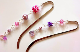 Funky sparkly bookmarks (glass pearls, lucite, silver-tone bookmark, silver plated wire) by All Pretty Things