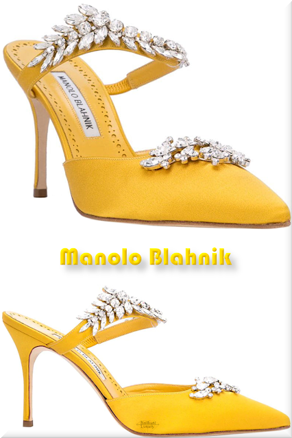 ♦Manolo Blahnik bejeweled Lurum high heel mule sandal #manoloblahnik #shoes #yellow #pantone #brilliantluxury
