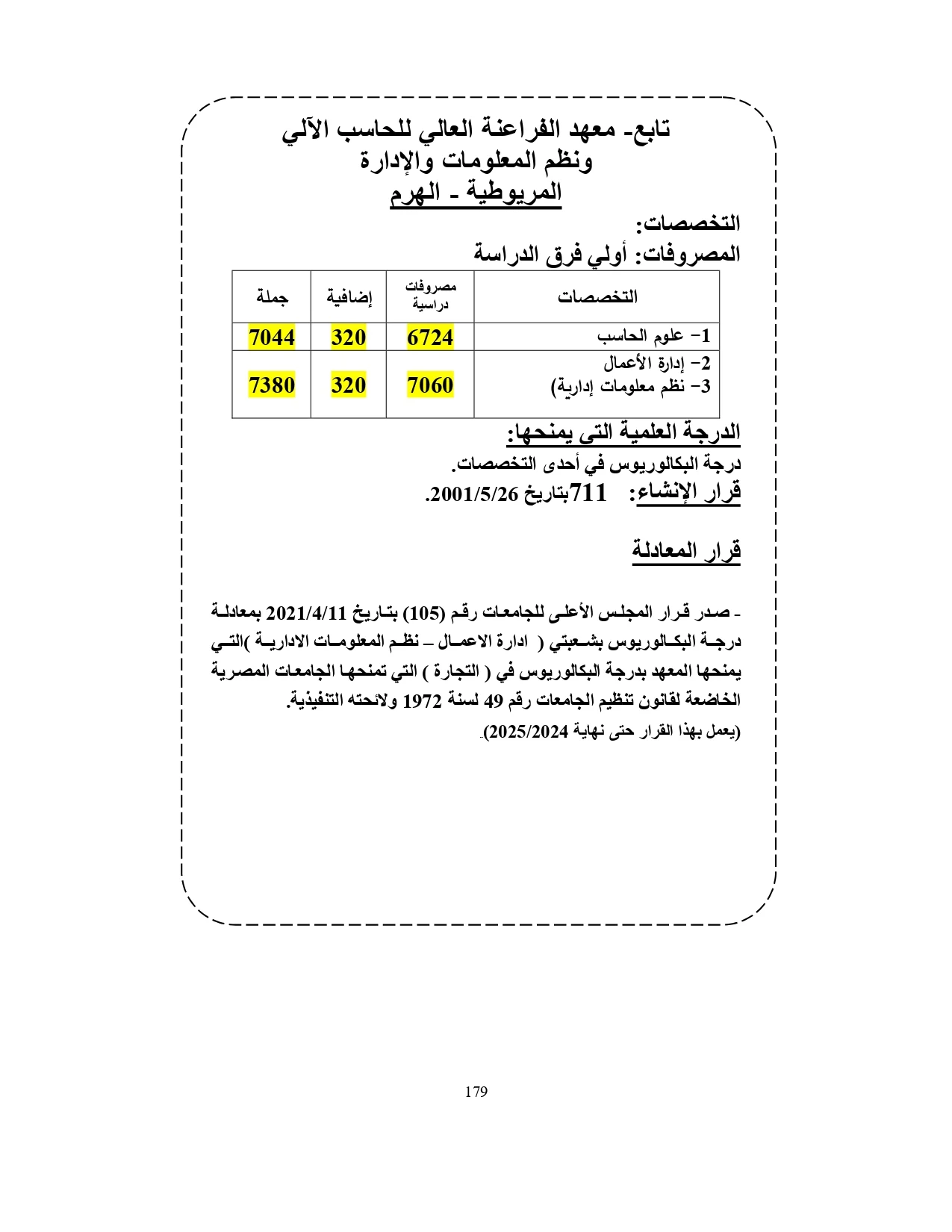 معهد الفراعنة العالي للحاسب الآلي ونظم المعلومات والإدارة المريوطية الهرم «مصروفات ومعلومات»