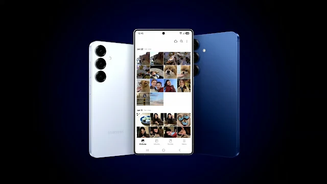 Samsung Galaxy S25 Plus smartphone showcasing the sleek design, vibrant display, and powerful camera system, with a photo gallery app visible on the screen.