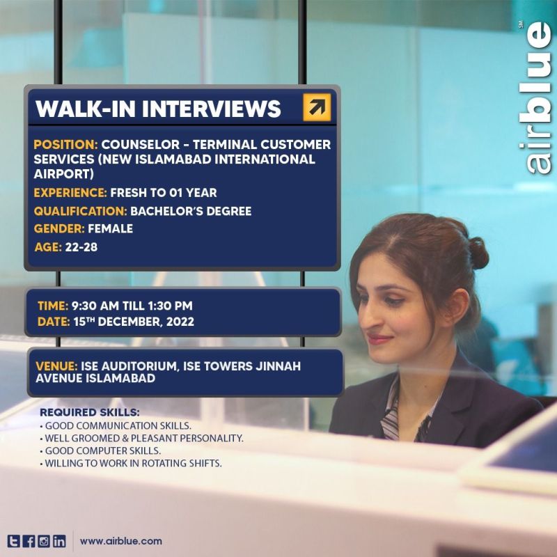 AirBlue Airline Walk-in-interview For Counselor- Terminal Customer Service