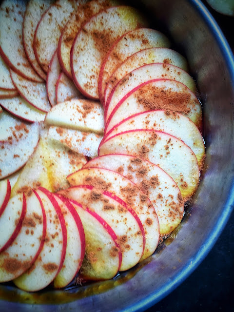 "Golden Bliss: Upside-Down Caramelized Apple Cake topped with a luscious layer of caramelized apples, a sweet treat for all occasions."