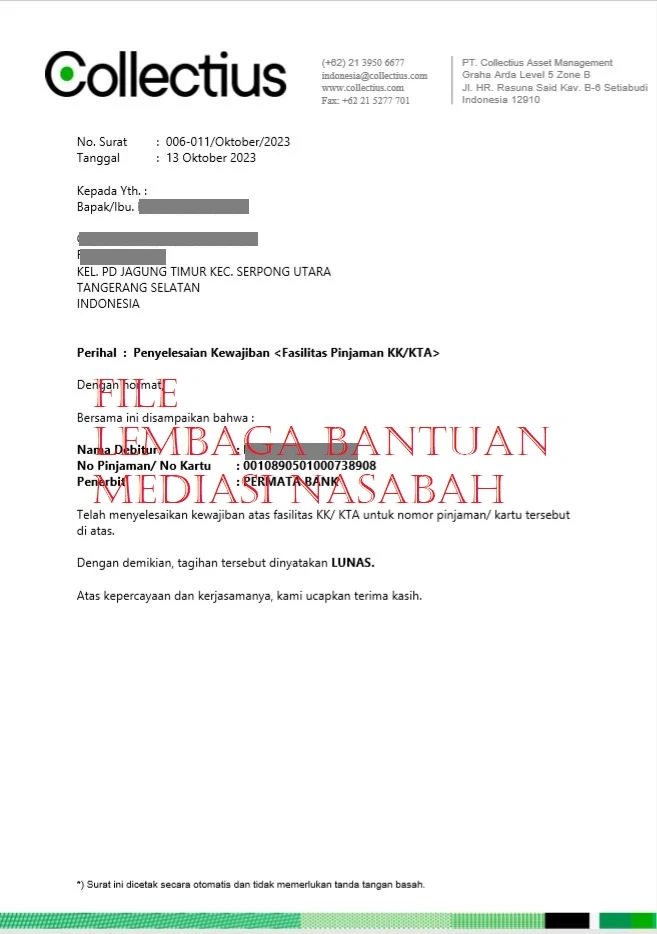 Surat Keterangan Lunas Bank Permata an. Iwxx