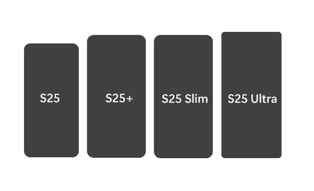 Size comparison of Galaxy S25, S25+, S25 Slim and S25 Ultra