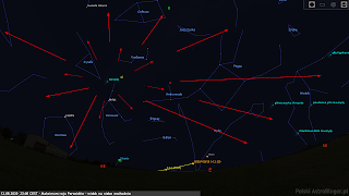 Radiant Perseidów i możliwe ich tory przy skierowaniu obserwatora ku północno-wschodniej i wschodniej stronie nieba (12.08.2019, godz. 23:00 CEST).