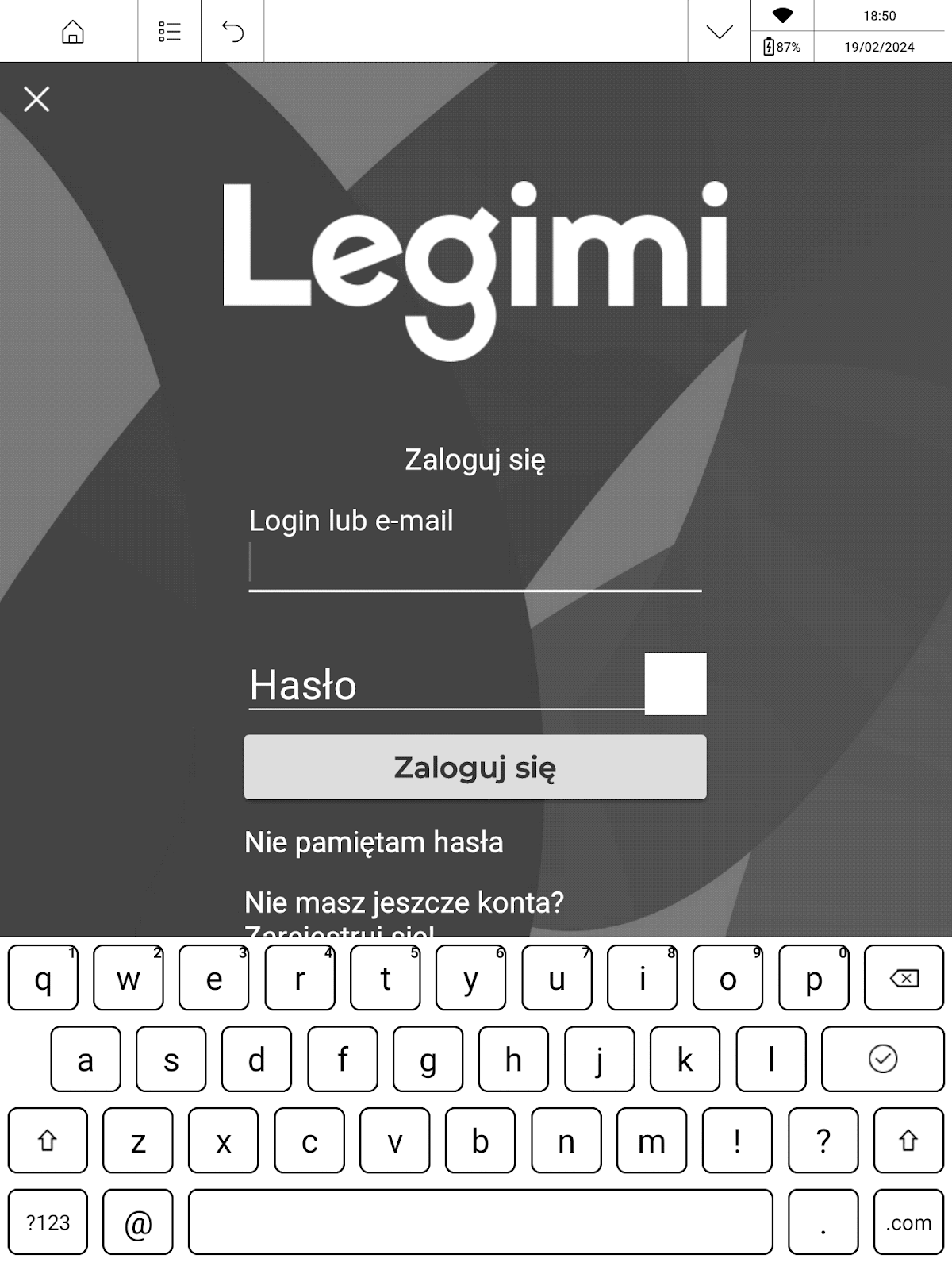 Ekran logowania na konto w aplikacji Legimi na PocketBook InkPad X Pro