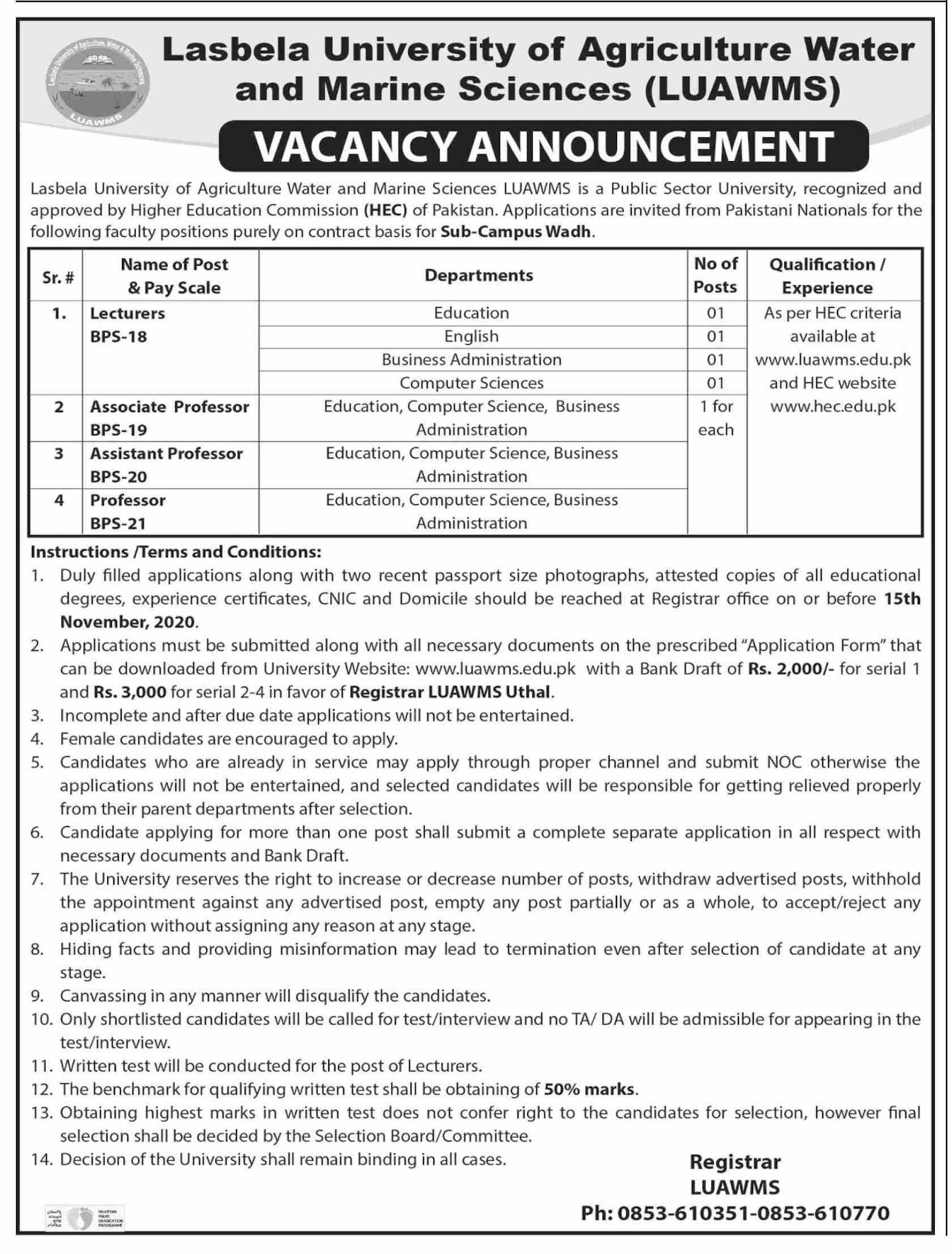 Lasbela University of Agriculture Water and Marine Sciences LUAWMS Jobs October 2020