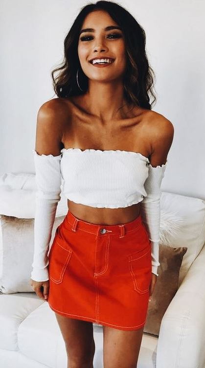 trendy summer outfit / white off shoulder crop top + red mini skirt