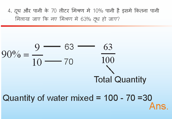 दूध और पानी के 70 लीटर मिश्रण में 10% पानी है इसमें कितना पानी मिलाया जाए कि नए मिश्रण में 63% दूध हो जाए?