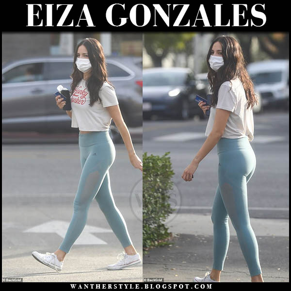 Eiza Gonzales in blue leggings and white sneakers