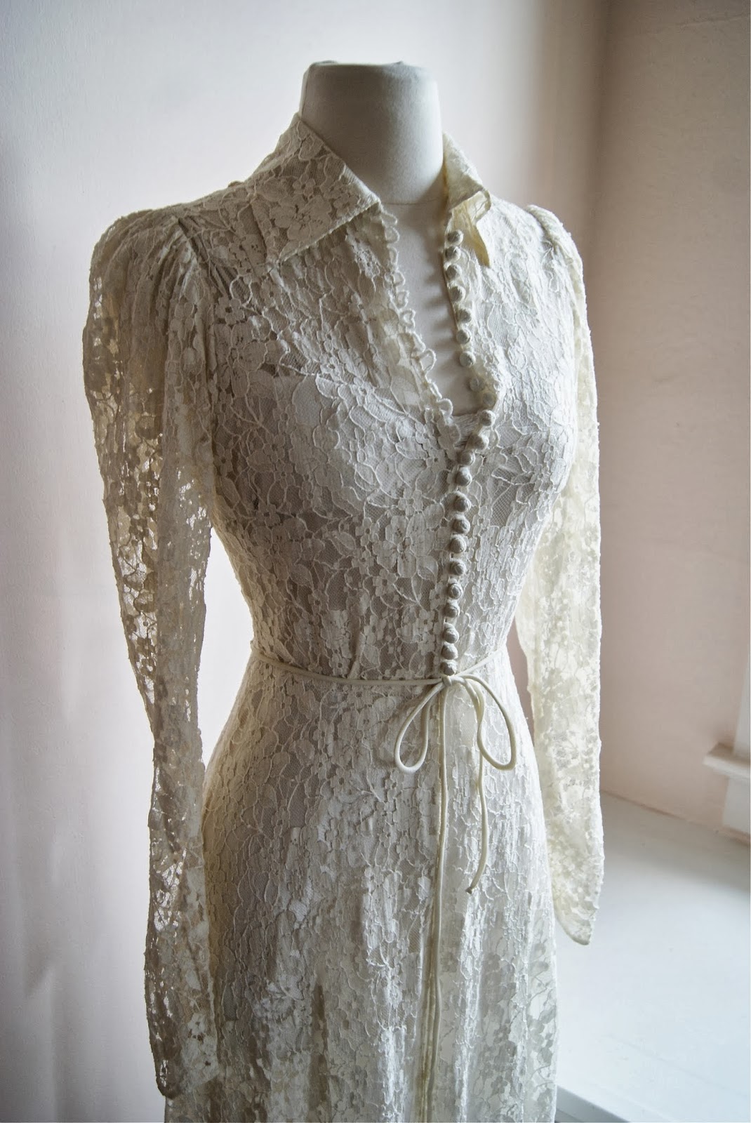 1930's satin crepe wedding gown with lace button up jacket, waist 27 ...