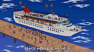 An animated ocean liner from The Simpsons. It's at a port and people are milling around, getting on and off.