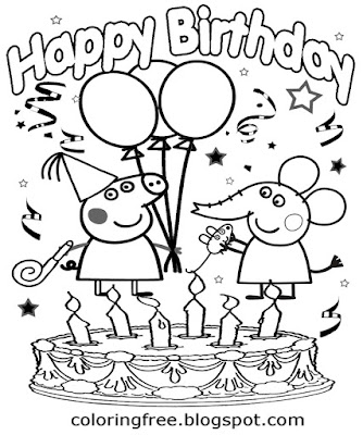 Party balloon cartoon cake Peppa pig happy birthday simple coloring printables for kids art lessons