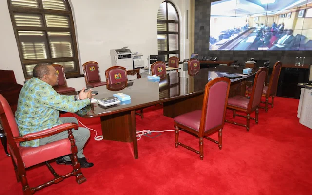 President Uhuru Kenyatta on a virtual conferencing