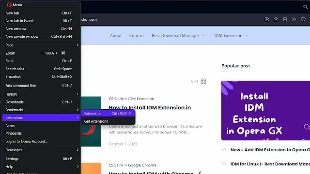 how to open opera extension tab