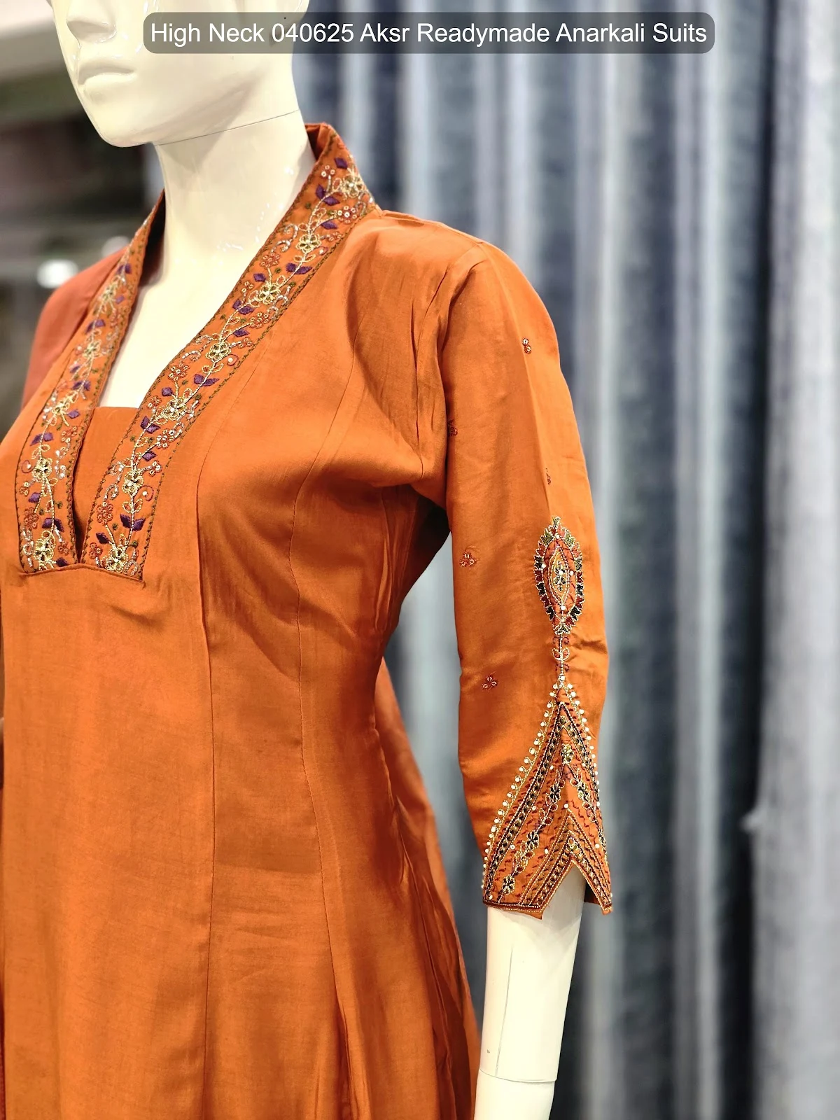 High Neck 040625 Aksr Roman Silk Readymade Anarkali Suits