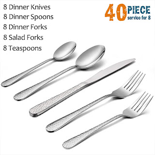 Hammered Silverware Set for 8, E-far 40-Piece Stainless Steel Flatware Cutlery Set, Includes Knives, Forks, Spoons, Modern Design & Mirror Polished - Dishwasher Safe