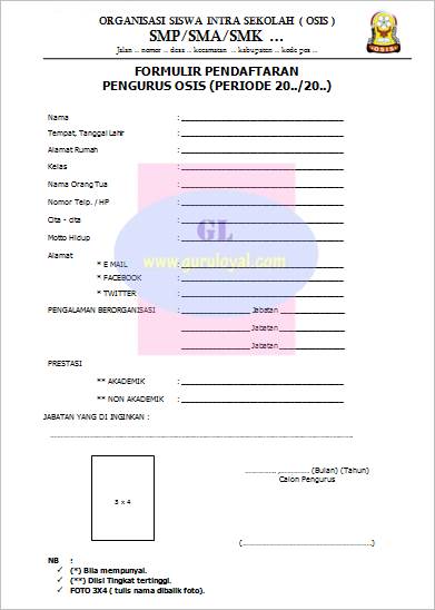 Formulir registrasi calon pengurus OSIS merupakan formulir yang dibentuk oleh pengurus usang Contoh Formulir Pendaftaran Calon Pengurus OSIS