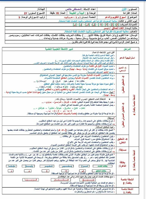 جذاذات القراءة المقطعية للمستوى الأول الأسبوع 27 ( تقويم و دعم )