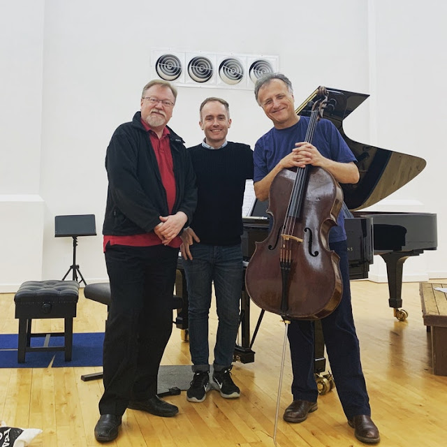 Adrian Farmer, Simon Callaghan, Raphael Wallfisch after their recording session for Coke's Cello Sonatas in June 2019