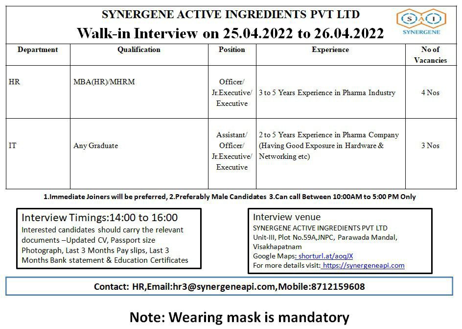 Job Availables,Synergene Active Ingredients Pvt. Ltd Walk-In-Interview For Any Graduate/ MBA/ MHRM