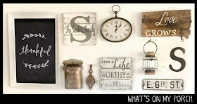 gallery wall in rectangle shape with chalkboard, signs, monogram, clock, lantern