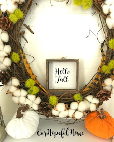cotton boll wreath pine cones dianthus feathers pumpkins hello fall sign
