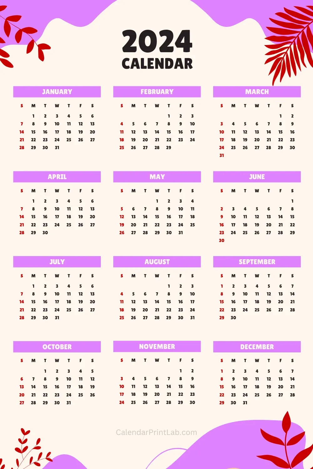 2024 Vertical Size Yearly Calendar