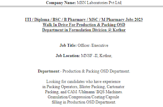 ITI, Diploma, BSC,  B-Pharmacy, MSC, M- Pharmacy Jobs 2023 | Walk In Drive For Production & Packing OSD Department in Formulation Division at Kothur