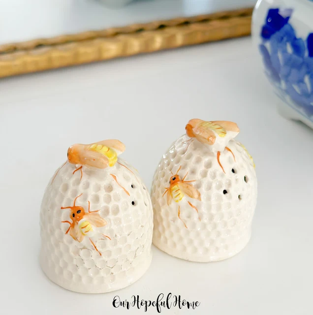 painted porcelain bee hive salt and pepper shaker set