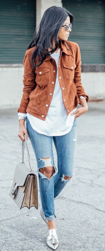 fall trends _ brown jacket + white top + bag + ripped jeans + silver loafers