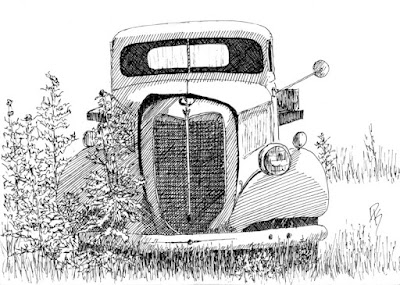pen ink drawing abandoned Ford truck weeds