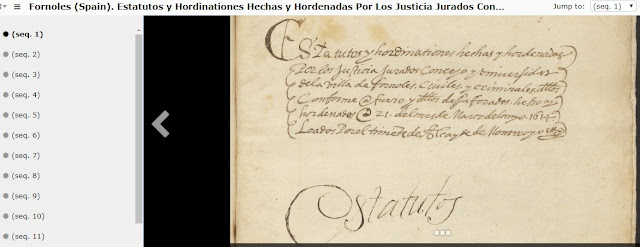 Estatutos y hordinaciones civiles y criminales. Hechas y hordenadas por los Justicia, Jurados, Concejo y Universidad de la Villa de Fórnoles