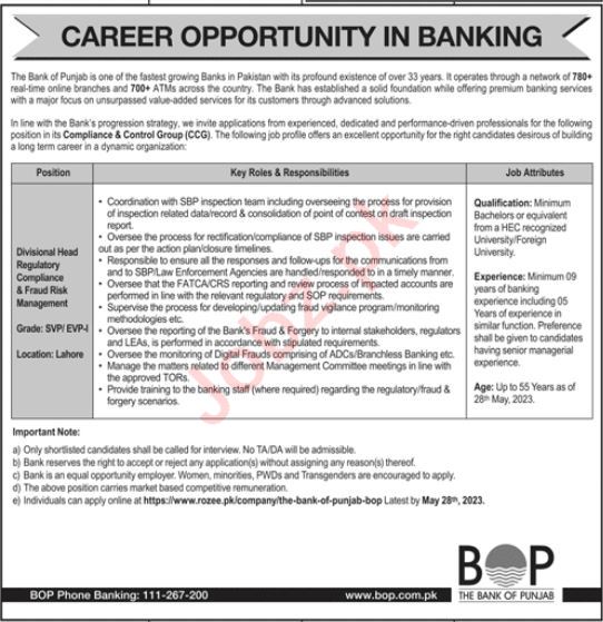 The Bank of Punjab BOP jobs in 2023