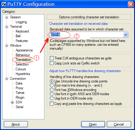 putty translation set to utf-8