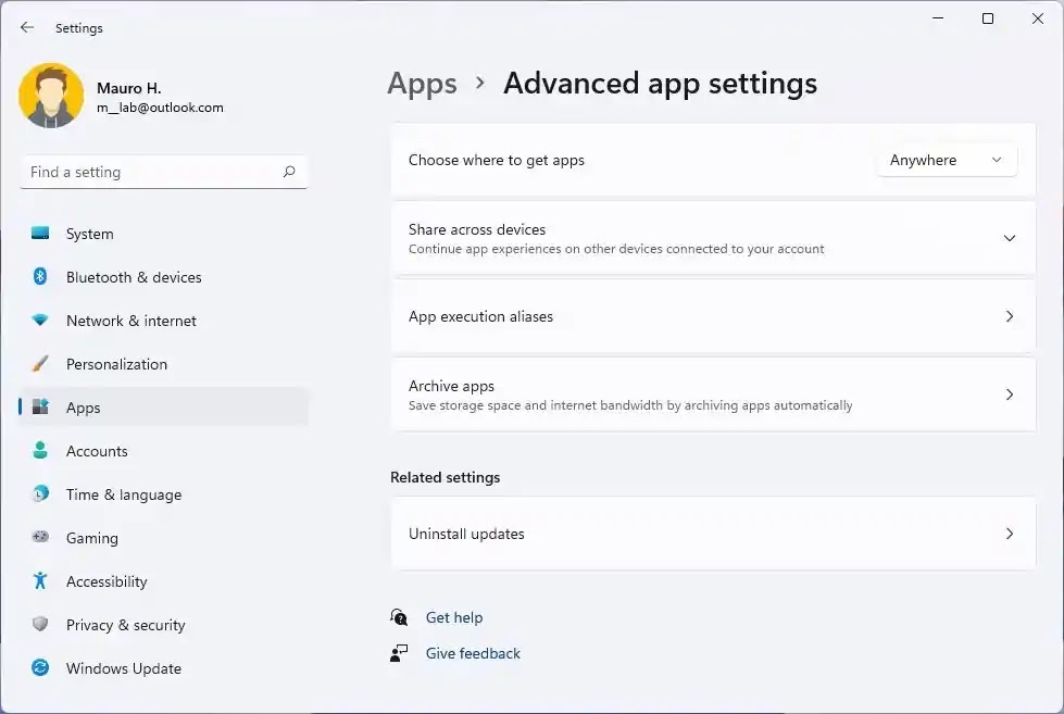 advanced app settings windows 11