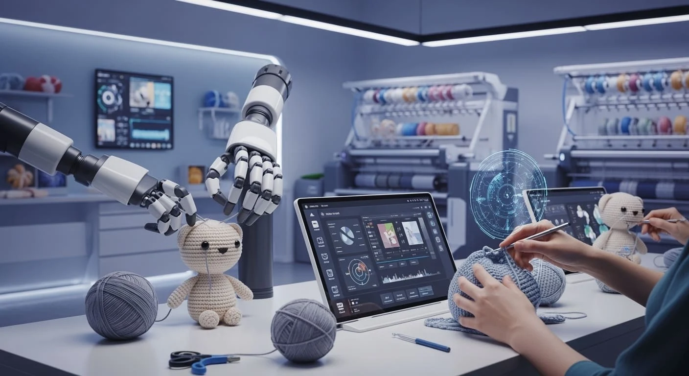 Visione futuristica della collaborazione tra intelligenza artificiale e artigiani nell'amigurumi