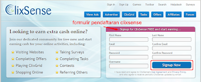 halaman utama clixsense, tempat pendaftaran member baru. Silahkan isi username nama dan email anda