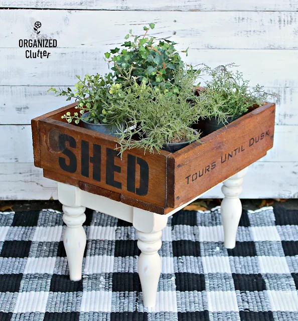 Thrifted Stool Legs Attached to a Vintage Crate #stencil #oldsignstencils #rusticdecor