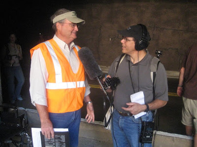 Howard Berkes from NPR interviews Lyman Hafen during the Zion Tunnel Walk