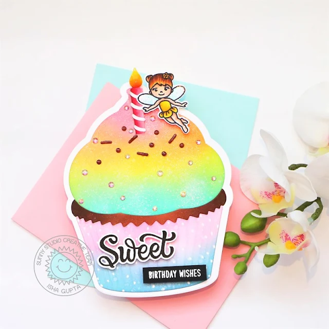 Sunny Studio Stamps: Cupcake Shaped Die Candy Shoppe Garden Fairy Birthday Card by Isha Gupta