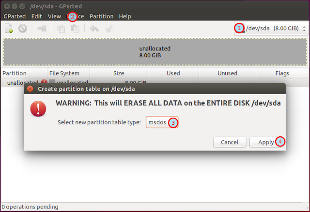 Create partition table in GParted - screenshot