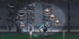 Shows robot style of fighter but you can see three attack drones in silver colour and in grey area with light circle around the charecter fight area