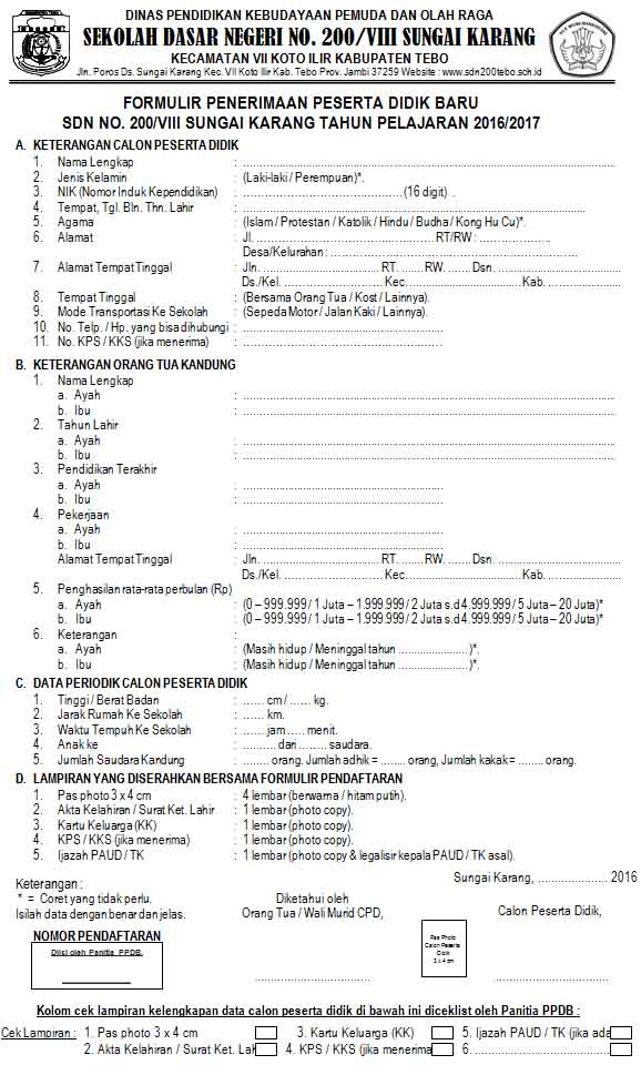 Download Contoh Formulir PSB / PPDB Jenjang SD/MI dan SMP 